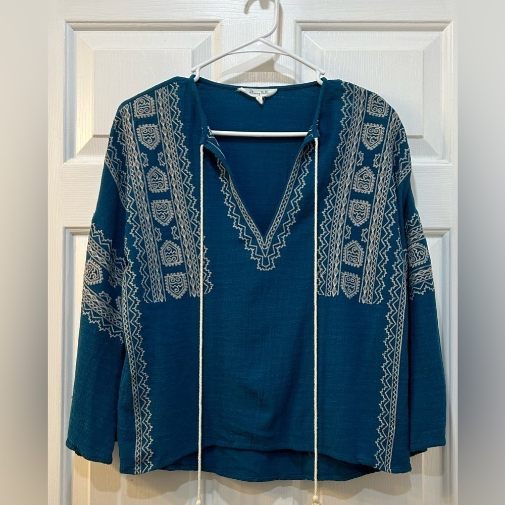 Women's Heavily Embroidered Popover Tulip Sleeve Boho Tassel V-Neck Blouse Sz S